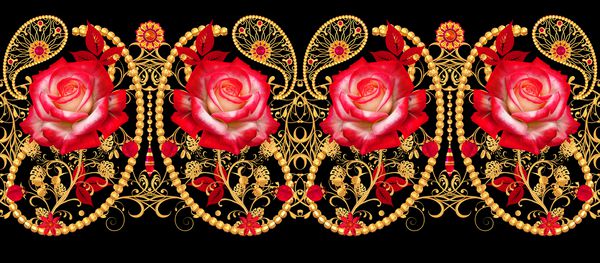 عنصر خیار هندی Paisley بافندگی طلایی فرفری گل آرایی گلهای قرمز و برگهای براق الگوی بدون درز گل رندر سه بعدی