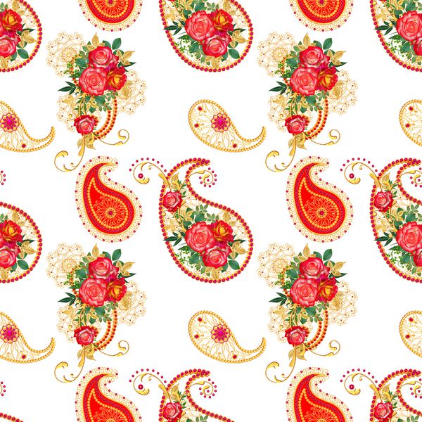 عنصر خیار هندی Paisley بافندگی طلایی فرفری گل آرایی گلهای قرمز و برگهای براق الگوی بدون درز گل رندر سه بعدی