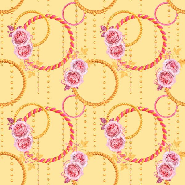 رندر سه بعدی حلقه های شیک ترکه ای طلایی جواهرات بر روی یک زنجیره آویز الگوی بدون درز گل رز صورتی ملایم برگ عنصر برگ