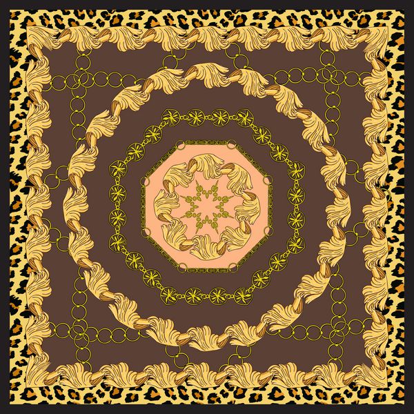 روسری با عناصر پرنعمت طلایی و زنجیرهای طلایی الگوی طلایی روی زمینه قهوه ای