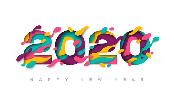 کارت تبریک سال نو میلادی تبریک 2020 با شکل های برش کاغذ 3 بعدی در زمینه سفید تصویر برداری