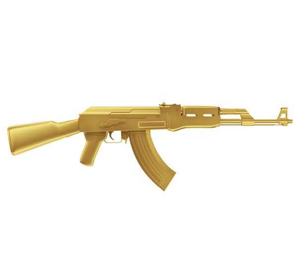 یک رندر واقعی از یک مسلسل طلایی AK 47 که بر روی رنگ سفید سری جدا شده است این رندر حتی خراشهای کوچکی دارد