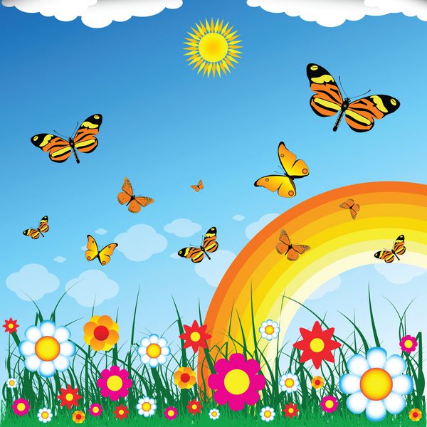 پروانه ها رنگین کمان خورشید گل ها چمن ها ابرها و آسمان آبی