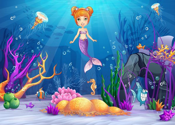 تصویر سازی دنیاهای زیر آب با یک ماهی خنده دار و یک پری دریایی برای گرافیک وب چاپ بازی طراحی