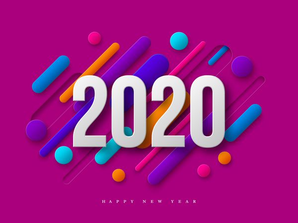 نشانه سال جدید 2020 شماره های کاغذ با اشکال هندسی 3D طراحی جلد حداقل پس زمینه انتزاعی پویا با رنگ بنفش تصویر برداری