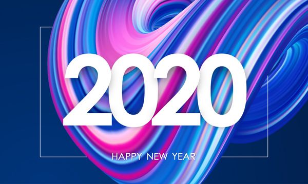 تصویر برداری تبریک سال نو 2020 کارت تبریک با فرم نوری پیچیده پیچیده و رنگی نئون 3D طراحی مرسوم مد روز