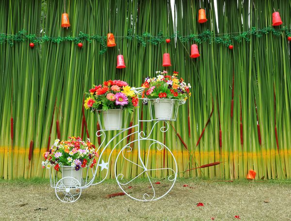 گل های تقلبی را در گلدان بر روی دوچرخه