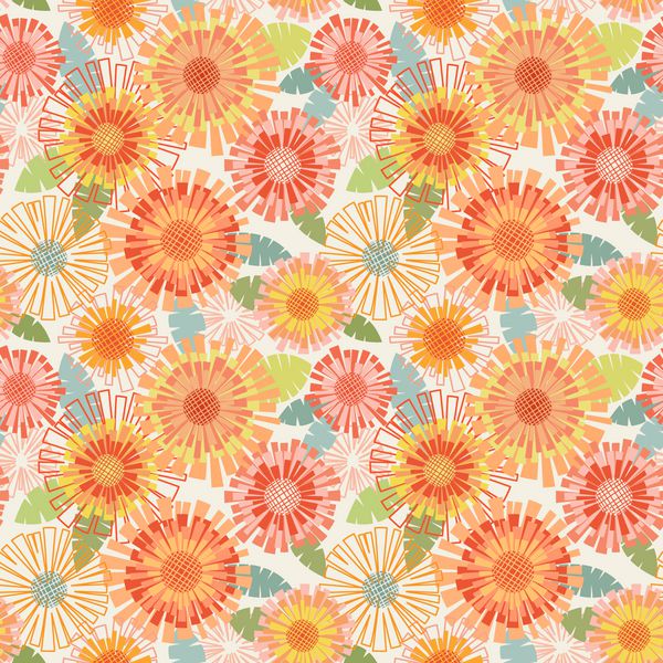 الگوی بدون درز با گل و برگ پس زمینه تابستانی رنگارنگ گل با گلهای داستانی گل شکوفه تصویر ساده زینتی در رنگهای گرم نارنجی زرد قرمز