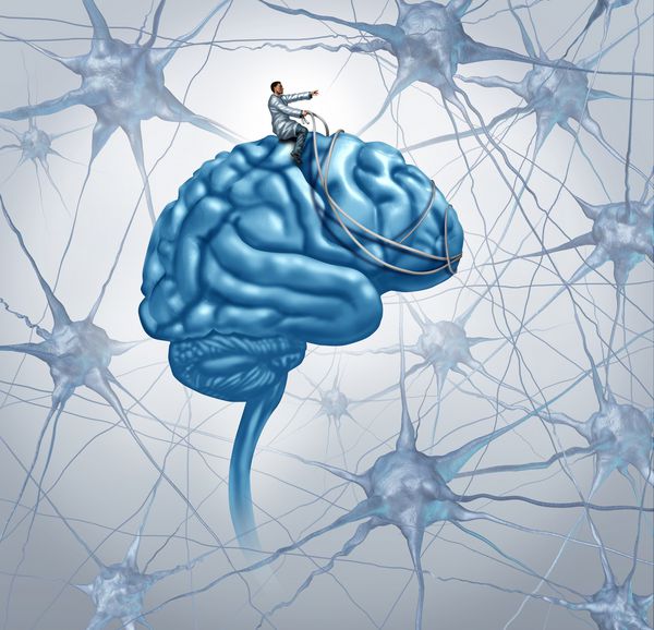 مفهوم تحقیقات پزشکی مغز با پزشک علمی روی مغز که دارای مهار مسیر از طریق پیچ و خم نورون ها به عنوان نمادی برای یافتن درمانی برای بیماری اوتیسم و ​​آلزایمر است