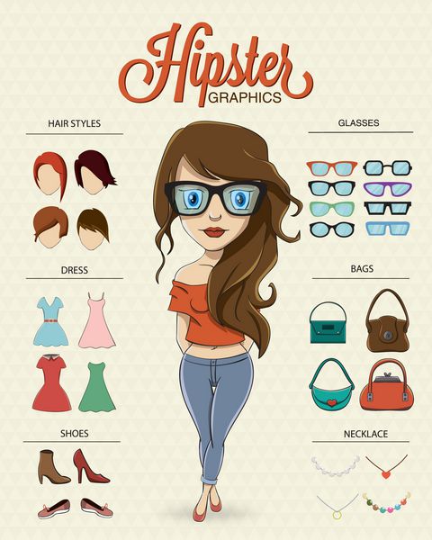 شخصیت دختر Hipster با عناصر و نمادهای hipster