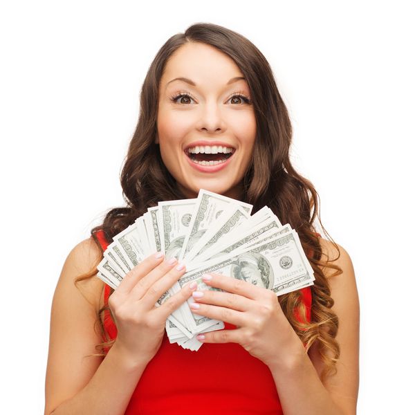 کریسمس ایکس ماس فروش مفهوم بانکی لبخند زن با لباس قرمز با پول دلار ما