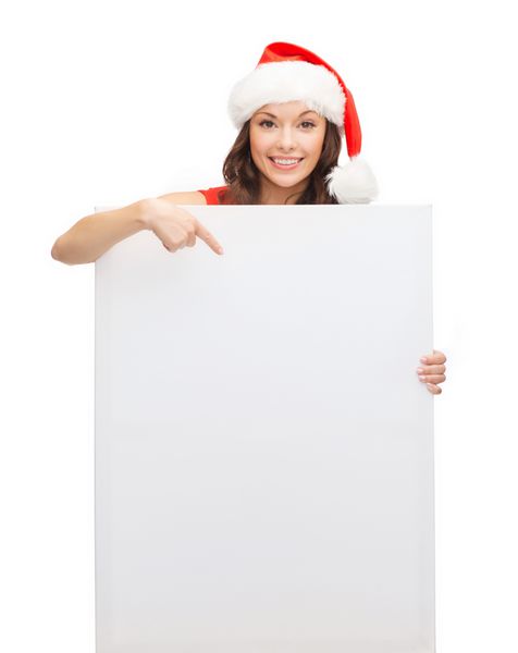 کریسمس x-mas مردم تبلیغات مفهوم فروش زن در کلاه یاور سانتا با تخته سفید خالی