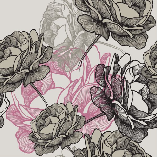 الگوی بدون درز با گلهای شکوفه در زمینه خاکستری طراحی دست تصویر برداری