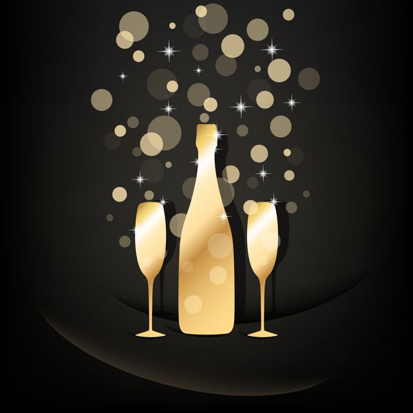 بطری طلا و دو لیوان شامپاین با حباب شفاف در زمینه سیاه نسخه بردار