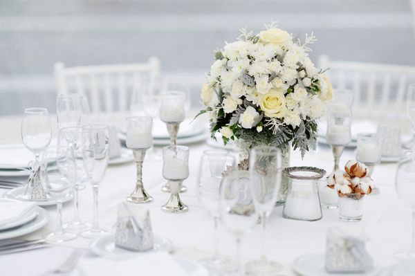 میز تنظیم شده برای یک مهمانی یا پذیرایی عروسی موضوع زمستان