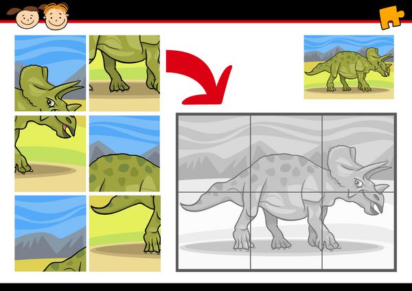 تصویر برداری کارتونی از بازی اره منبت کاری اره مویی آموزش و پرورش برای کودکان پیش دبستانی با دایناسورهای خنده دار Triceratops