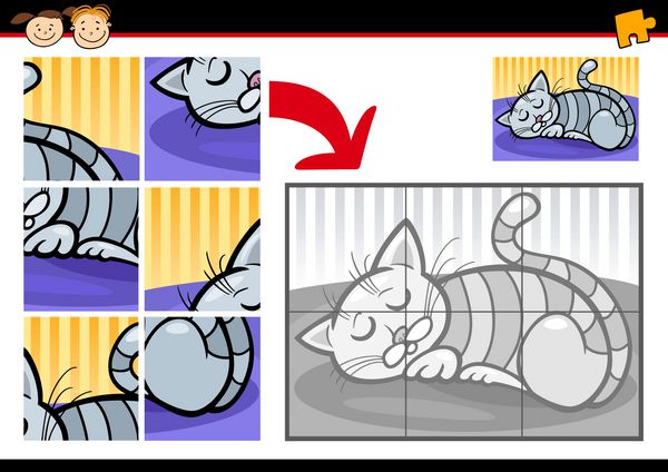 تصویر برداری کارتونی از بازی اره منبت کاری اره مویی آموزش و پرورش برای کودکان پیش دبستانی با گربه خواب خنده دار
