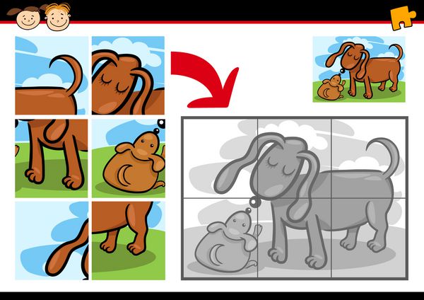 تصویر برداری کارتونی از بازی پازل اره منبت کاری اره مویی برای کودکان پیش دبستانی با مادر و توله سگ خنده دار