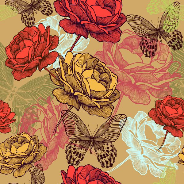 الگوی پرنعمت یکپارچه با گلهای شکوفه و پروانه های رنگارنگ طراحی دستی تصویر برداری