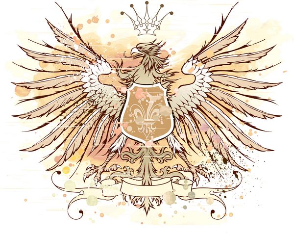 نماد هرالتیک پرنعمت عقاب تاج و آمپر ؛ روبان سپر و آمپول زنبق پس زمینه آبرنگ عناصر روی لایه های جداگانه
