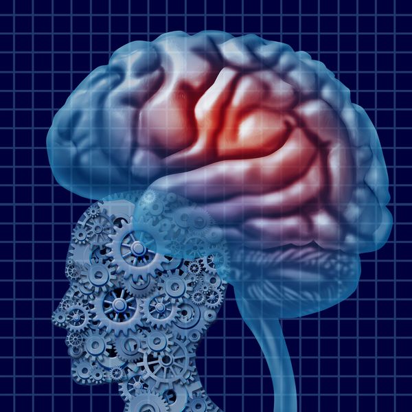 فن آوری هوش مغزی به عنوان یک مفهوم سلامت روان با سر انسان ساخته شده از چرخ دنده های متصل و مهبل های دارای عملکرد نورون فعال به عنوان یک نماد مغزی تشخیص شناختی عصبی