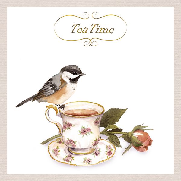 کارت دعوت پرنعمت با طرح یکپارچهسازی با سیستمعامل پرنده زیبا آبرنگ لیوان چای و گل رز
