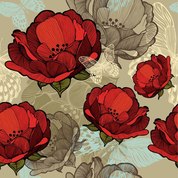 الگوی بدون درز با گلهای قرمز انتزاعی تصویر برداری