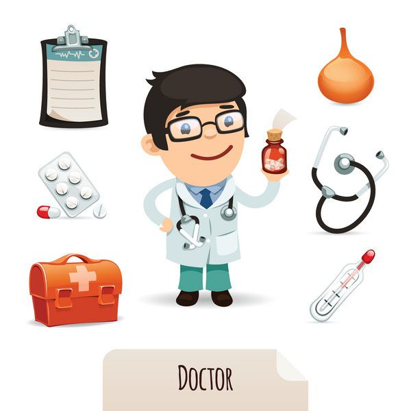 مجموعه پزشکی با پزشک مرد در پرونده EPS هر عنصر به طور جداگانه گروه بندی می شود جدا شده بر روی زمینه سفید
