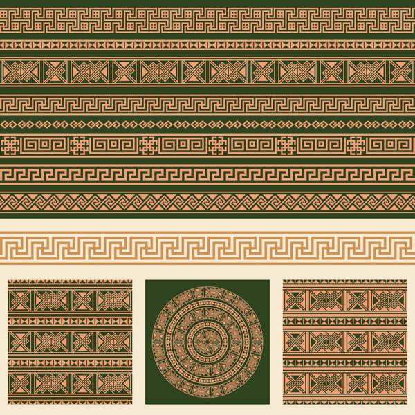 مجموعه های وکتور عناصر طراحی یونان قومی الگوی بدون درز تزئینی بافت ها الگوی گرد و مرزها در یک بسته مگا