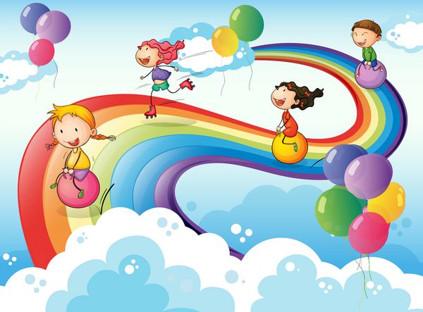 تصویر گروهی از بچه ها در آسمان با رنگین کمان