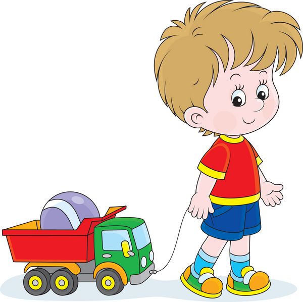 پسر که با کامیون اسباب بازی و توپ قدم می زند