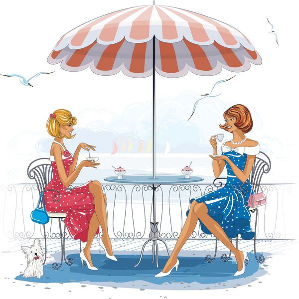 دو زن زیبا که در کافه نزدیک ساحل نشسته اند