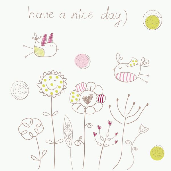 یک کارت تبریک روز خوب با گل های زیبا و پرندگان به سبک کارتونی داشته باشید