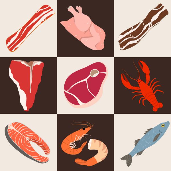 مجموعه آیکون های ماهی و گوشت ماهی از مجموعه تصاویر وکتور بیکن شیرینی میگو