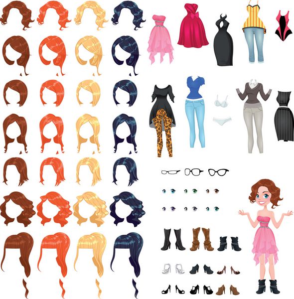 آواتار یک زن تصویر برداری اشیاء جدا شده 7 مدل مو با 4 رنگ هر یک 10 لباس مختلف 3 لیوان 6 رنگ چشم 9 کفش