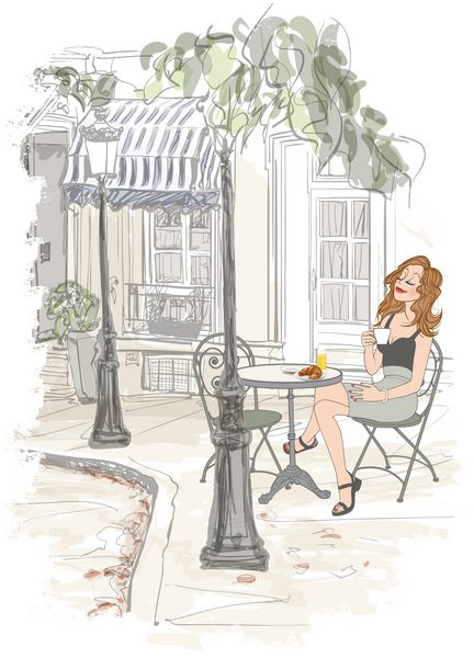 Montmarte در پاریس زن در تعطیلات که صبحانه در یک تراس یک هتل می گیرد تصویر برداری