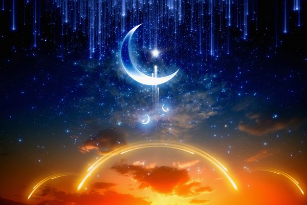 پس زمینه عید مبارک با ماه و ستاره های براق ماه مبارک رمضان کریم غروب خورشید درخشان