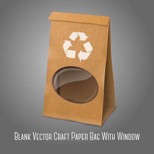 کیسه بسته بندی کاغذی وکتور واقعی خرافه با نشانگر بازیافت و پنجره شفاف برای طراحی و مارک تجاری شما جدا شده در پس زمینه خاکستری