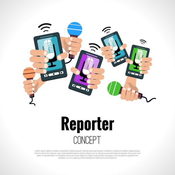 کنفرانس مطبوعاتی روزنامه نگار که رسانه ها از وکتور مفهوم گزارشگر پخش می کند