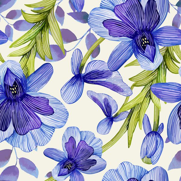 الگوی بدون درز آبرنگ با گلهای آبی