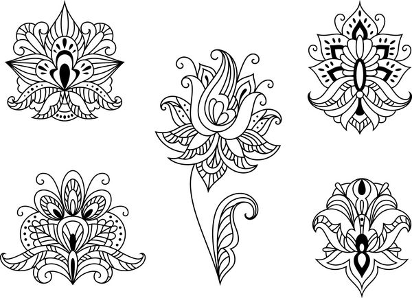 نقوش گل و نگارهای تزئینی گلهای سیاه و سفید تزئین شده از پارچه های ایرانی به سبک طرح کلی برای استفاده به عنوان عناصر طراحی جدا شده روی سفید