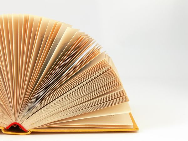تصویری از یک کتاب زرد قدیمی که مانند فن باز شده است