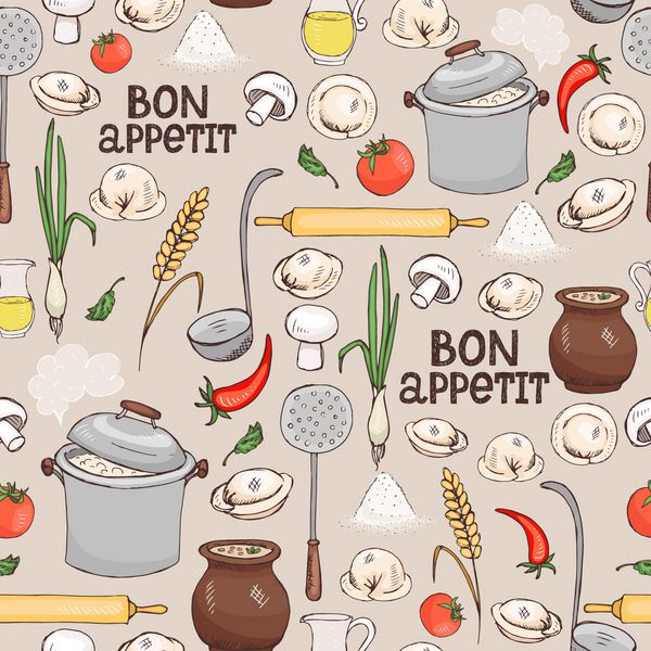 الگوی پس زمینه بدون درز Bon Appetit با مواد پراکنده و ظروف آشپزخانه برای تهیه ماکارونی راویولی ایتالیایی در قالب مربع مناسب برای کاغذ و پارچه بسته بندی کاغذ دیواری