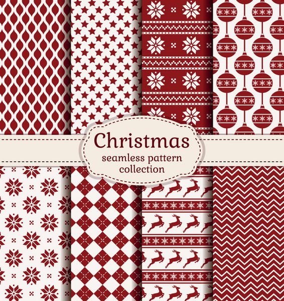 کریسمس مبارک و سال نو مبارک مجموعه زمینه های تعطیلات زمستانی مجموعه الگوهای بدون درز با رنگ های قرمز و سفید تصویر برداری