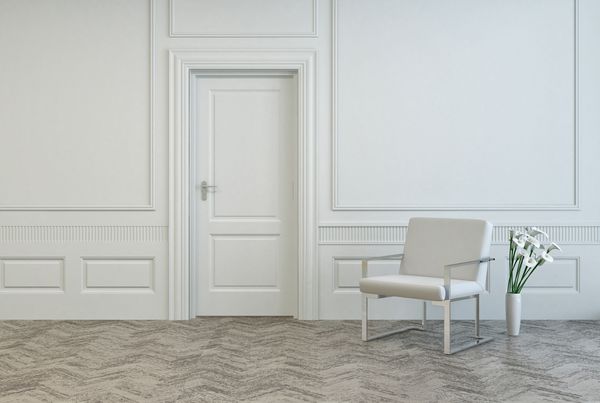 رندر سه بعدی صندلی و گلدان زیبا و مفهومی سفید با گل های تازه نزدیک به یک درب واحد در اتاق سفید معماری
