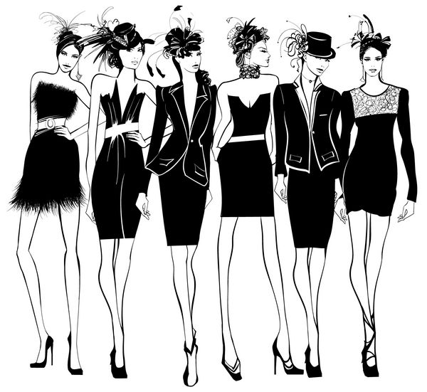 مدل های مد زنانه در لباس سیاه و کلاه پر تصویر برداری