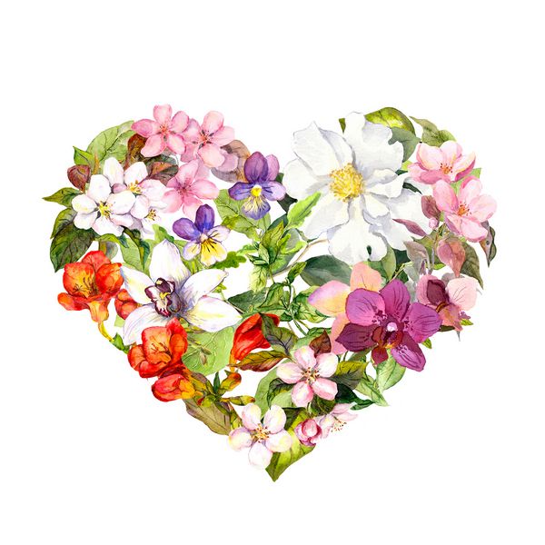 قلب گل با گل گیاهان و برگ آبرنگ