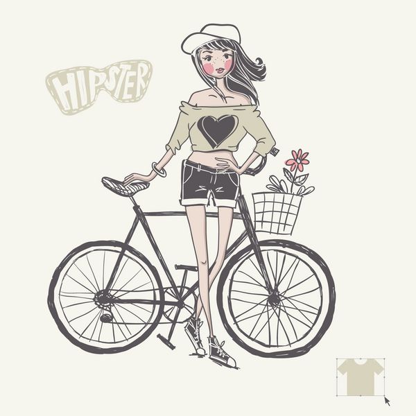 دختر نوجوان Hipster در دوچرخه پرنعمت خود EPS 10 تصویر برداری