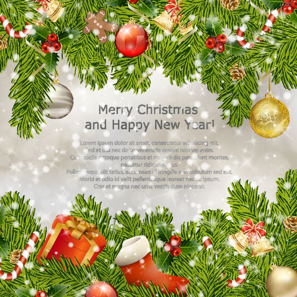 کارت تبریک Xmas با شاخه های صنوبر و زنگ های کریسمس تصویر برداری eps10