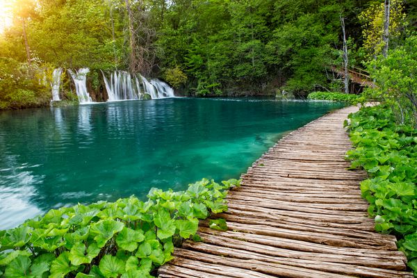 نمایی زیبا از آبشارهای دارای آب فیروزه در پارک ملی Plitvice کرواسی اروپا